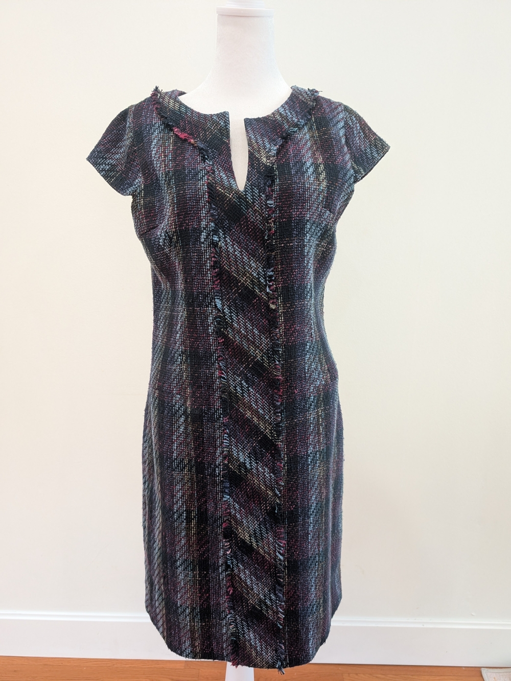 Karl Lagerfeld Black Tweed Sheath Dress with Pink and Blue Threading